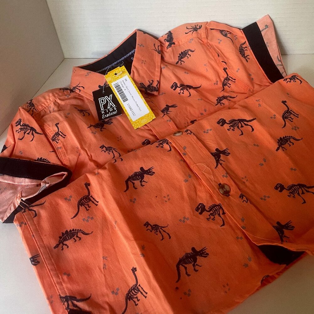 PX Kids Matteo Short Sleeve Woven Printed Dinosaur Shirt Size 6